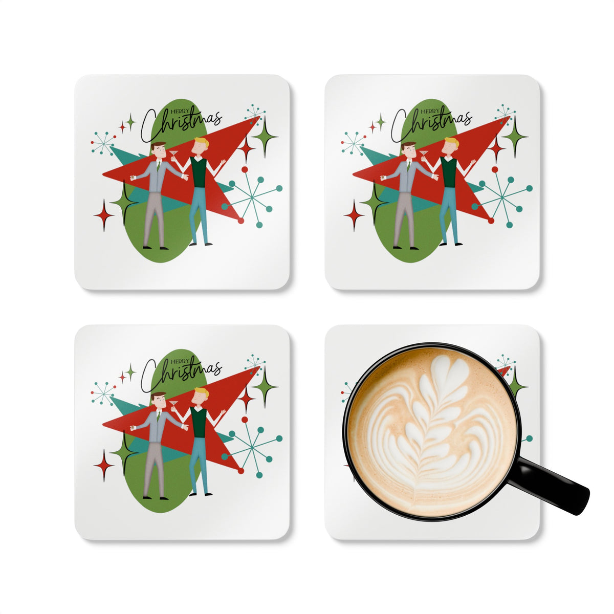 Mid Century Modern Christmas Coaster, Gay Male Couple Kitschy 50's Designed Corkwood Coaster Set - Mid Century Modern Gal