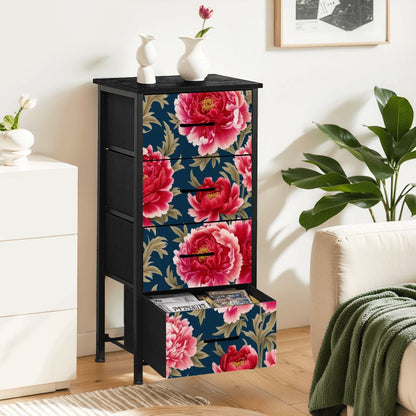 Modern Chinoiserie Royal Blue, Pink Red Floral 4-Drawer Dresser - Mid Century Modern Gal