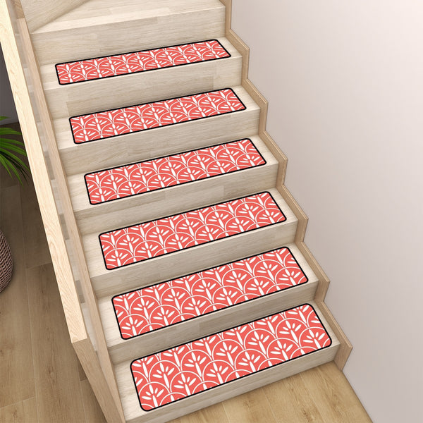 Art Deco Stair Tread Carpets | Coral And White Mid Century Modern Style Non Slip Carpet for Stairs Treads