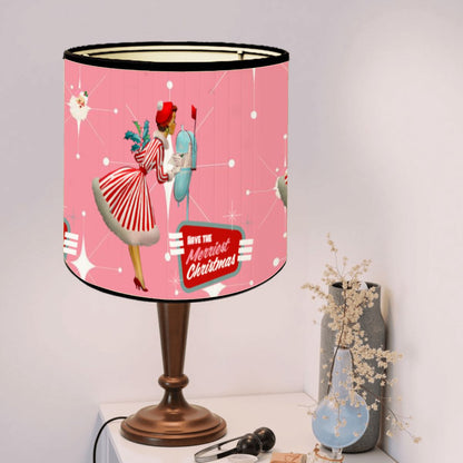 Kitschy Mid Mod Christmas Bamboo Drum Lampshade, Atomic Pink, Retro Santa Holiday Accent Shade - Mid Century Modern Gal