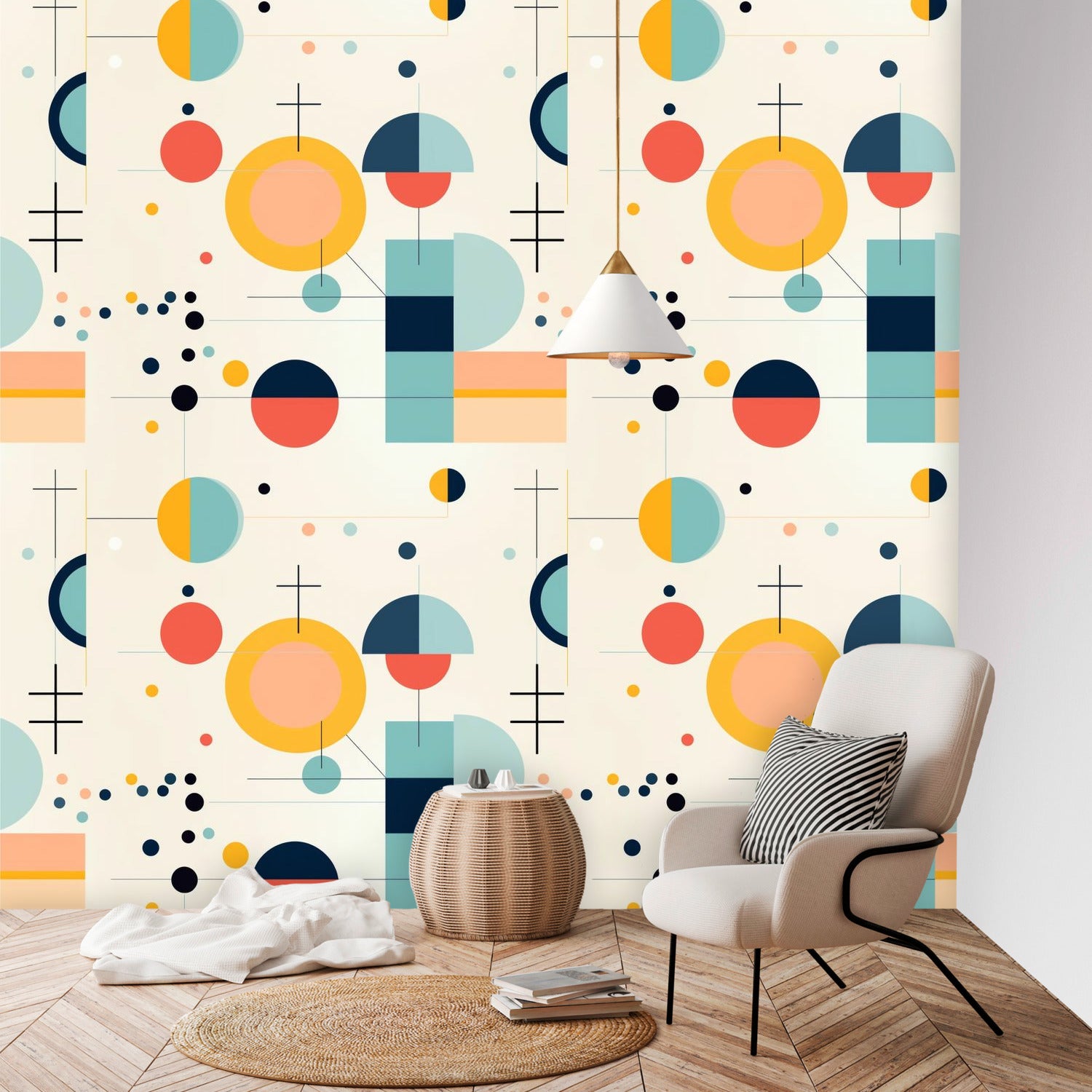 Mid Century Modern Bauhaus Designed, Geometric Yellow, Orange, Aqua MCM Peel And Stick Wall Murals