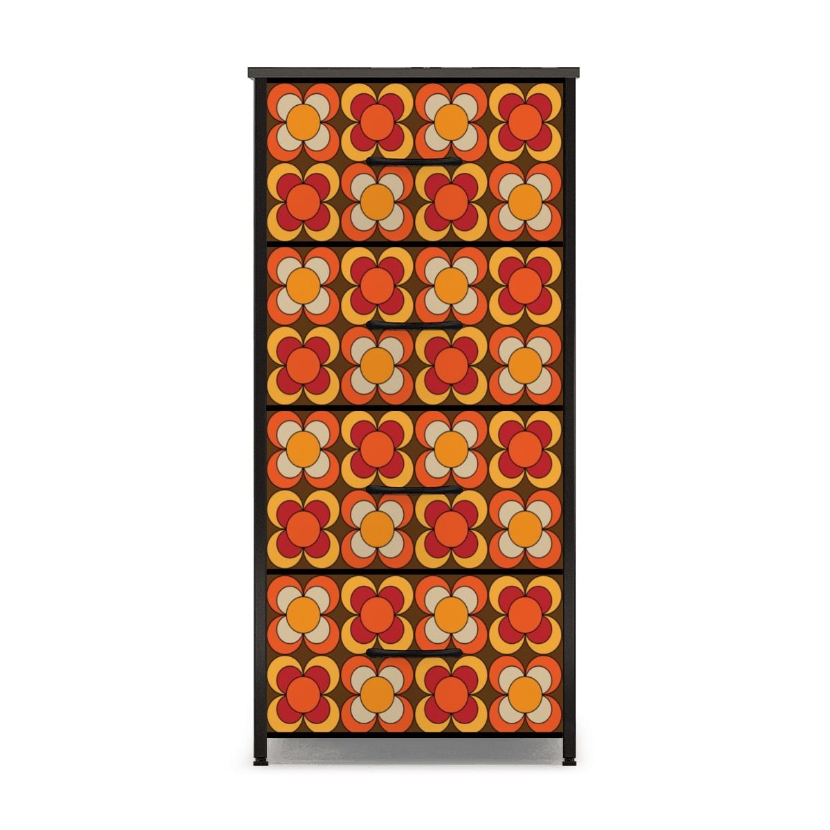 Groovy MCM Orange, Brown Yellow Burnt Red Retro Floral 70s Mid Mod 4-Drawer Dresser - Mid Century Modern Gal