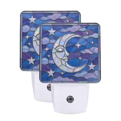 Halloween Stained Glass Style Night Sky Moon Stars Clouds LED Night Light Set of 2