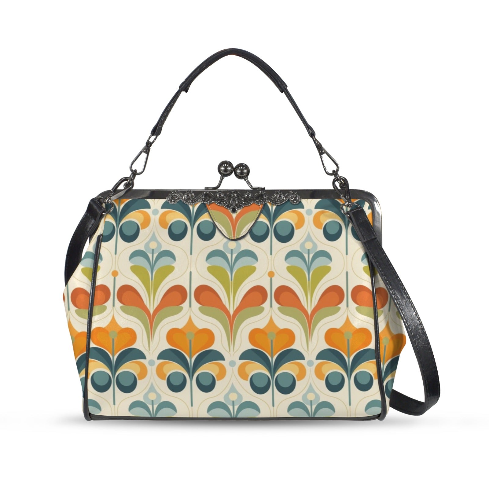 Mid Century Modern Groovy Retro Floral, Orange Green Blue Kisslock Crossbody Purse - Mid Century Modern Gal