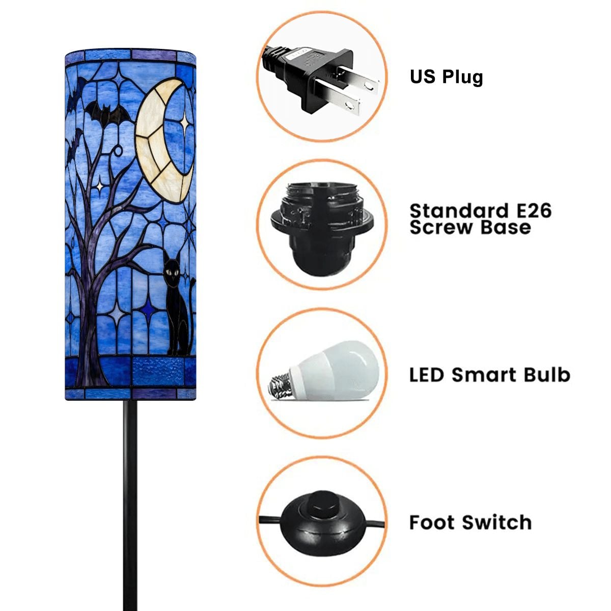 Halloween Stained Glass Style Night Sky Black Cat Slim Floor Lamp