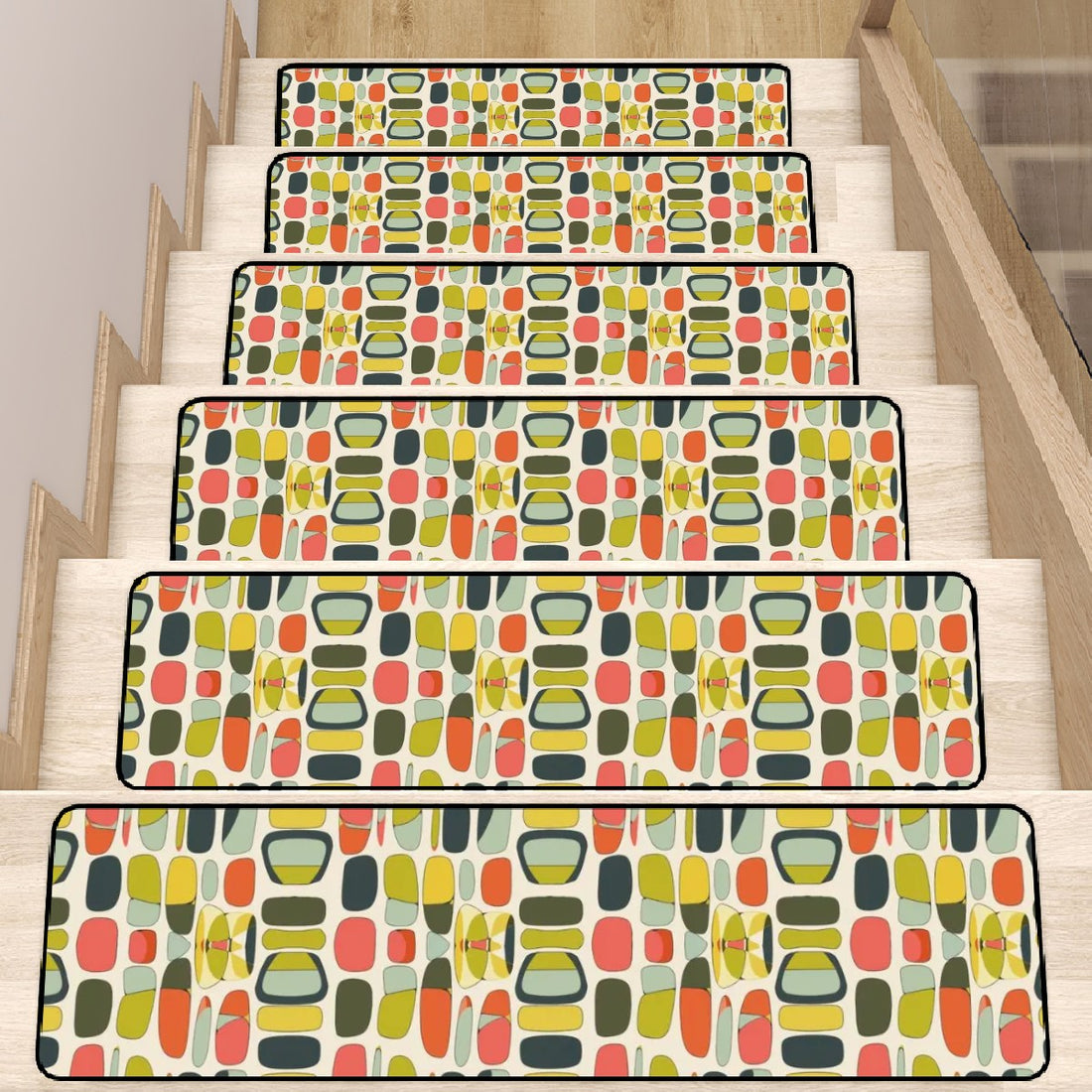 Mid Century Modern Multi Colored Retro Mod Geometric Designed Non Slip Carpet for Stairs Treads