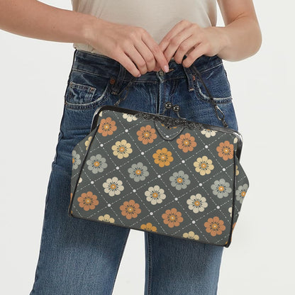 Scandinavian Floral, Mustard Yellow, Gray Mid Century Modern Kisslock Crossbody Purse - Mid Century Modern Gal