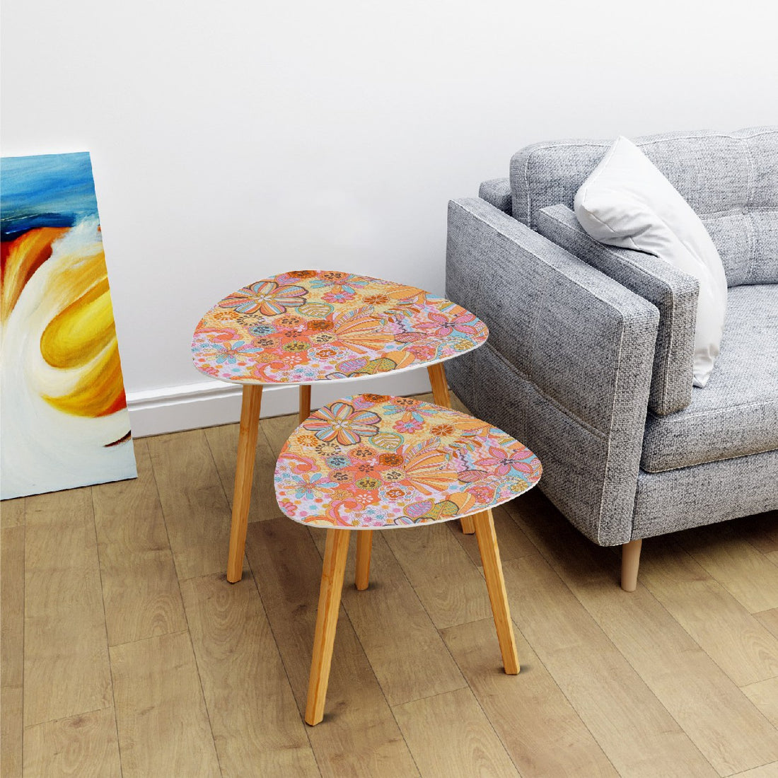 Vintage 70s Floral Pink Yellow Blue, Groovy Mid Mod Flower Power Nesting Tables - Mid Century Modern Gal