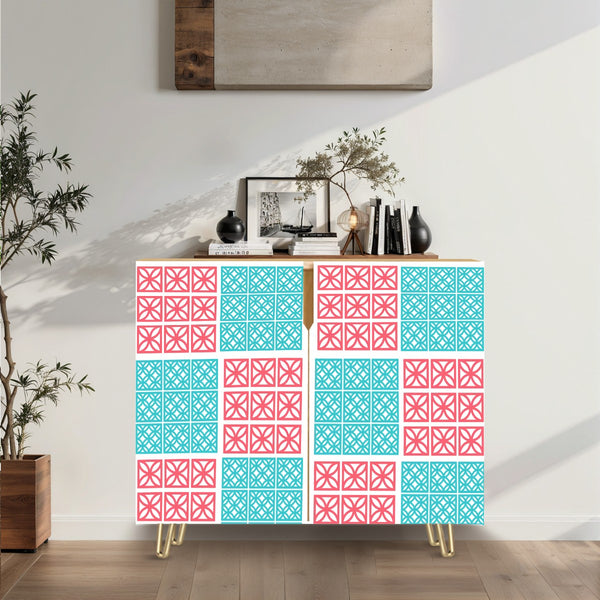 1950s Breeze Block Design, Coral, Aqua Mid Century Modern Wooden Storage Cabinet