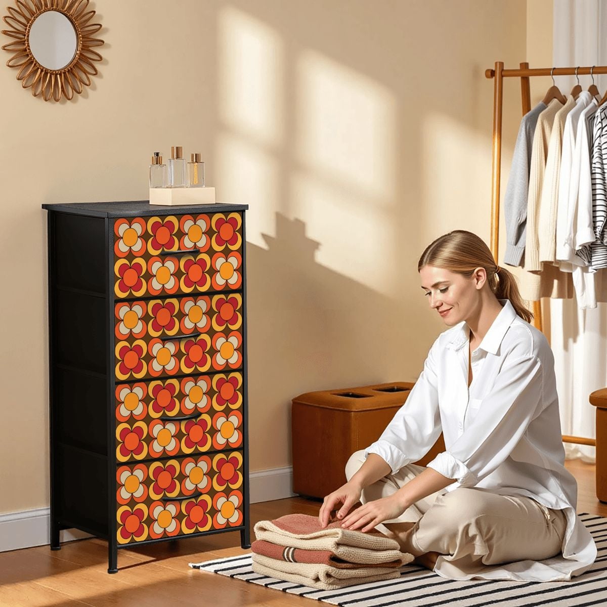 Groovy MCM Orange, Brown Yellow Burnt Red Retro Floral 70s Mid Mod 4-Drawer Dresser Groovy MCM Orange, Brown Yellow Burnt Red Retro Floral 70s Mid Mod 4-Drawer Dresser