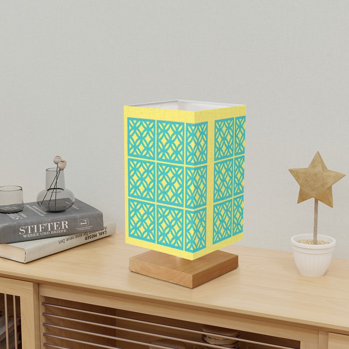 50s Brrezeblock Aqua Blue, Yellow Cheery Mod Square Table Lamp - Mid Century Modern Gal