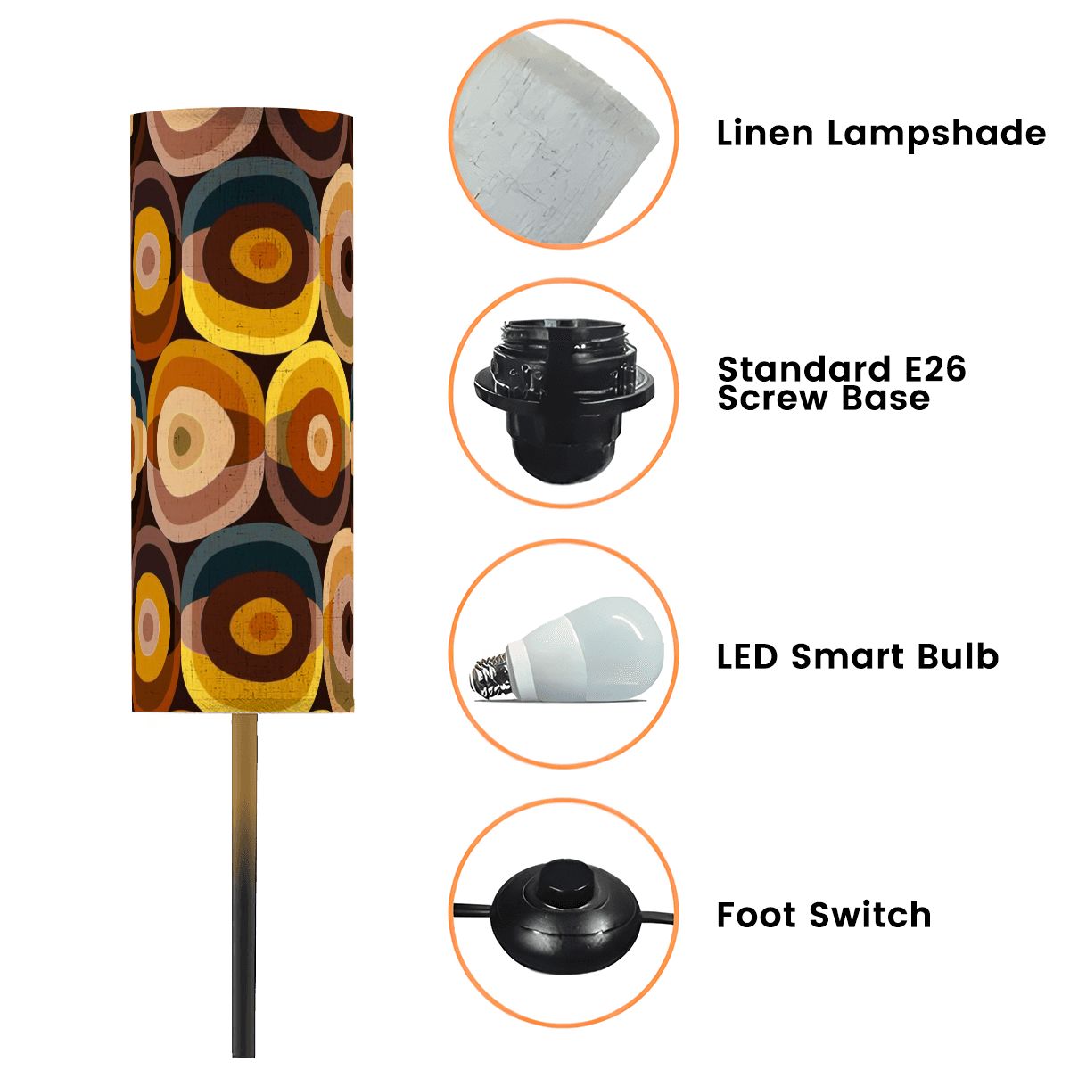 Mid Mod 70s Groovy Orbs, Brown Yellow Beige, Blue, Retro Slim Floor Lamp - Mid Century Modern Gal