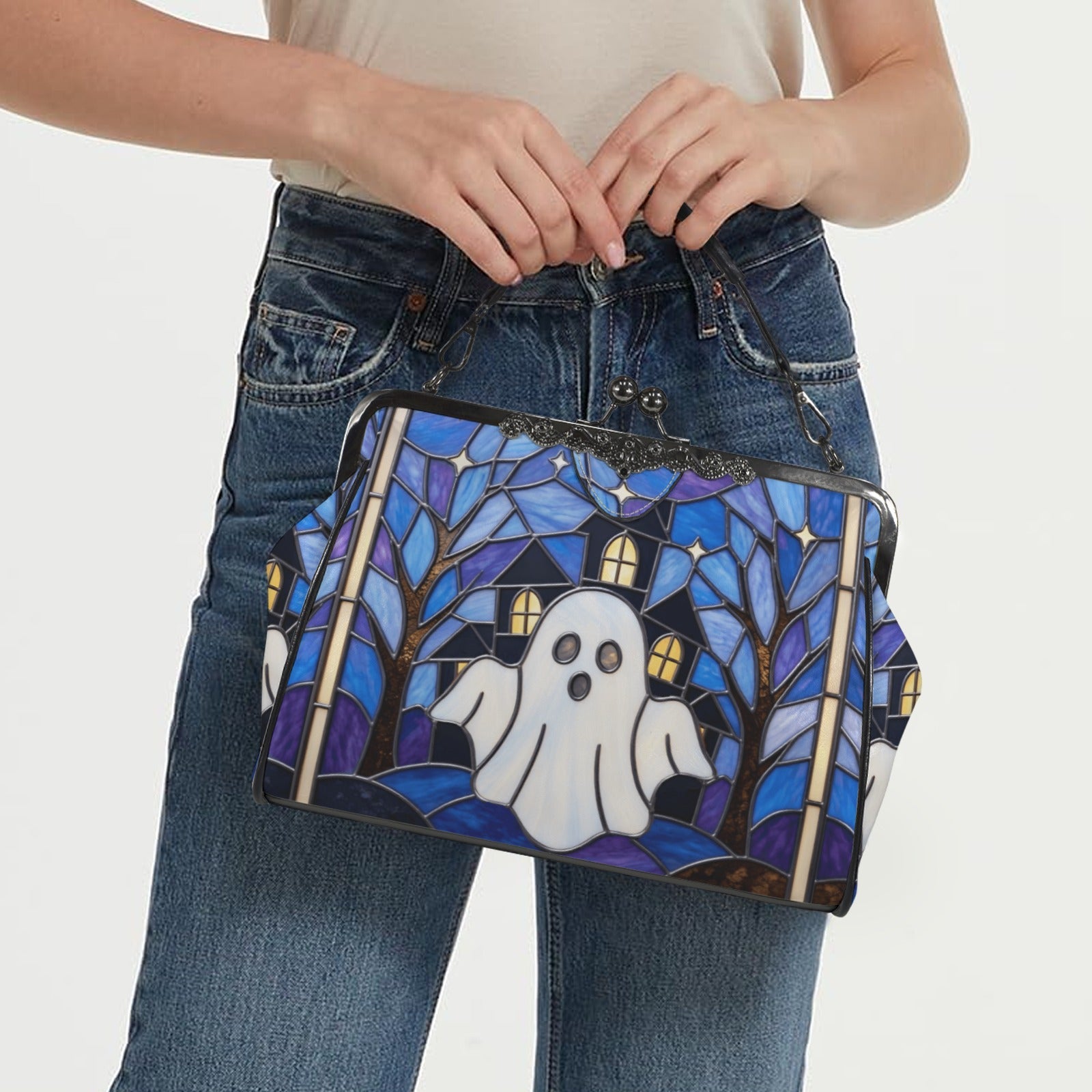 Halloween Stained Glass Style Ghost Haunted House Kisslock Crossbody Purse