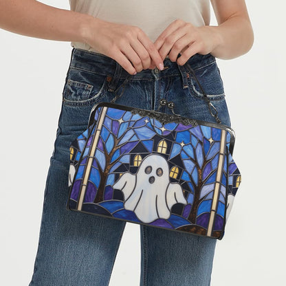 Halloween Stained Glass Style Ghost Haunted House Kisslock Crossbody Purse
