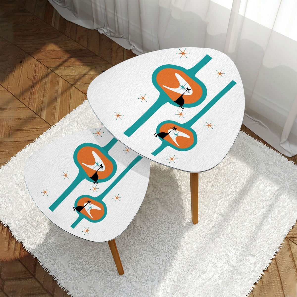 Mid Century Atomic Cats, Mod Orange, Teal Minimalist Modernist Nesting Tables