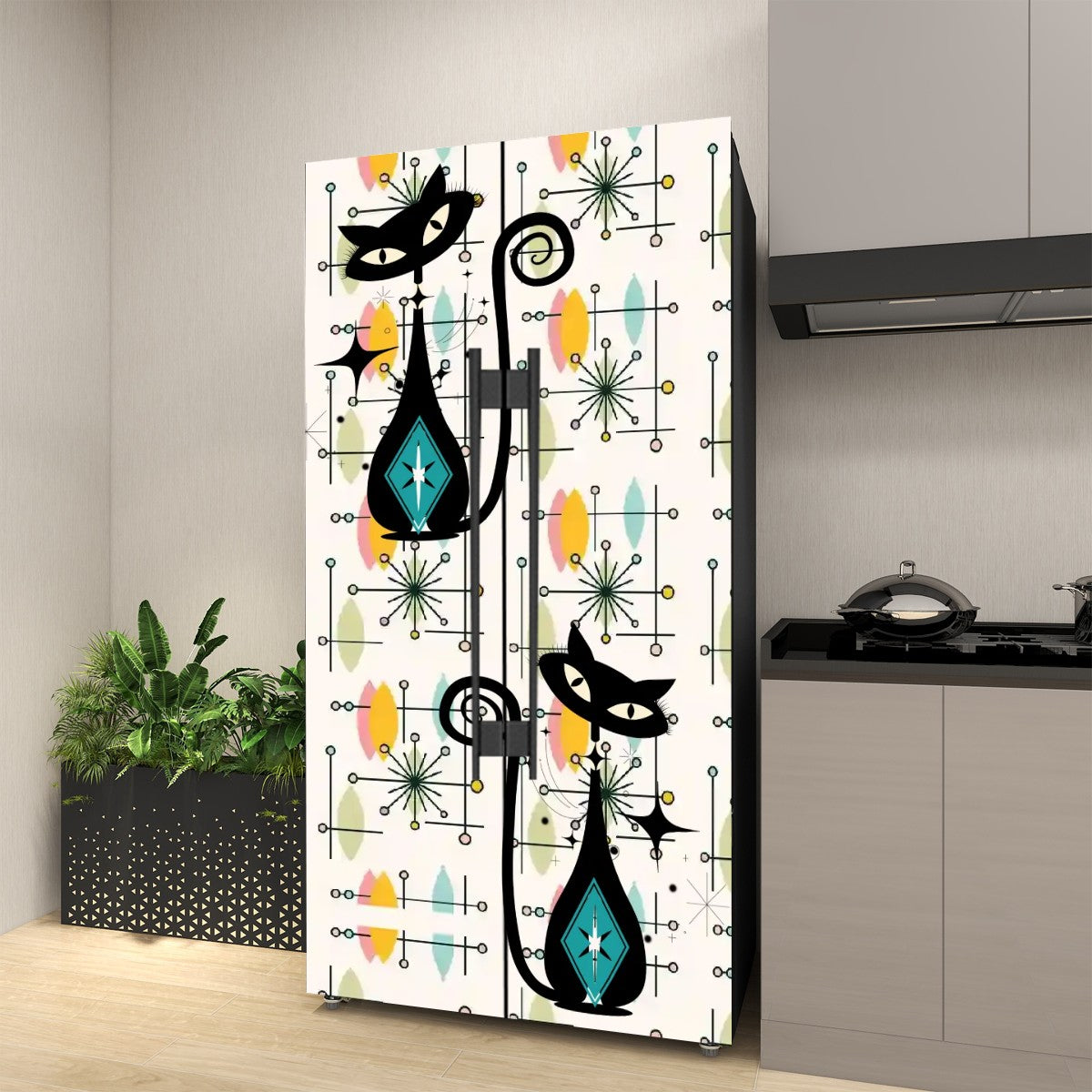 Atomic Cat Mid Century Modern Starburst, Retro Mod Self Adhesive Refrigerator Wrap Set - Mid Century Modern Gal