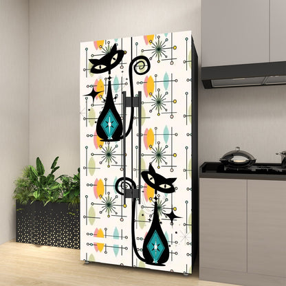Atomic Cat Mid Century Modern Starburst, Retro Mod Self Adhesive Refrigerator Wrap Set - Mid Century Modern Gal