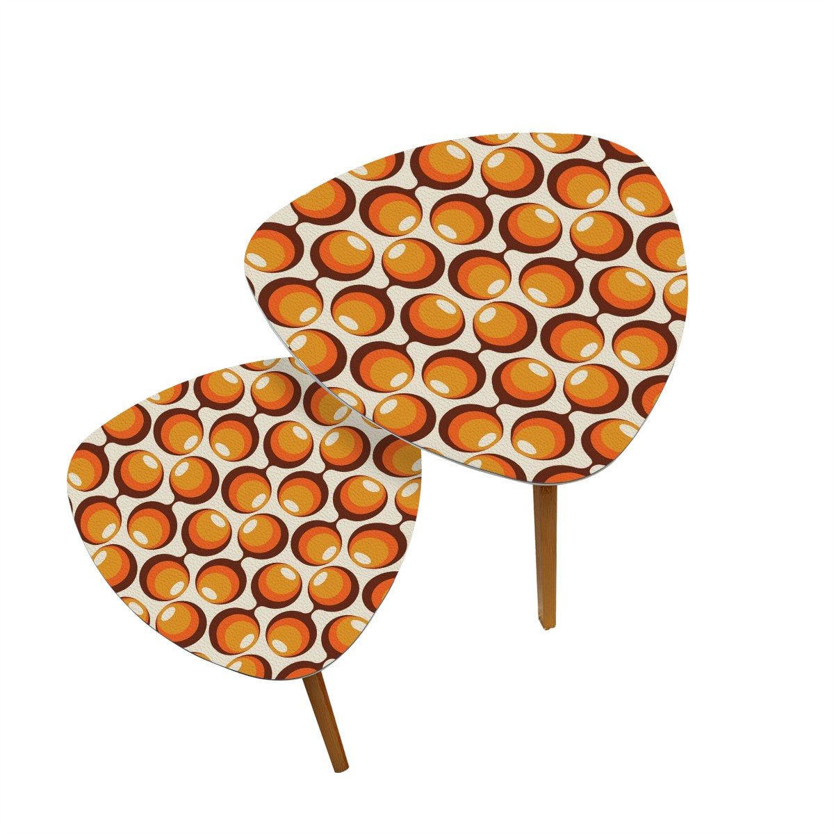 Space Orbs Mid Century Modern Nesting Tables, Orange Brown Retro Triangle Coffee Table Set of 2 - Mid Century Modern Gal