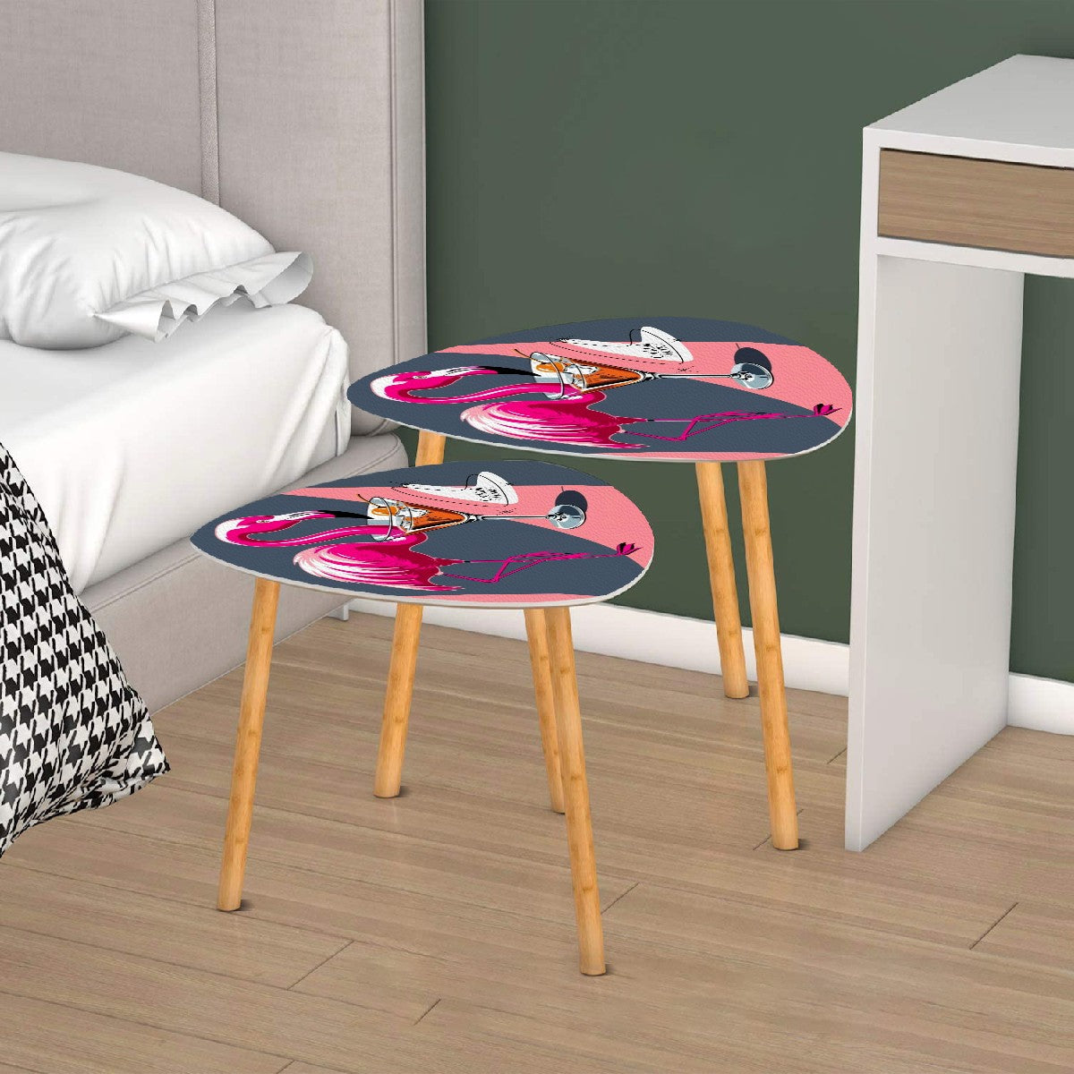 Mid Century Modern Flamingo Nesting Tables, Cocktail Tables, Mid Century Modern Barware Triangle Coffee Table Set of 2 - Mid Century Modern Gal