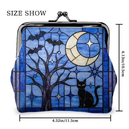 Halloween Stained Glass Style Night Sky Black Cat Coin Purse