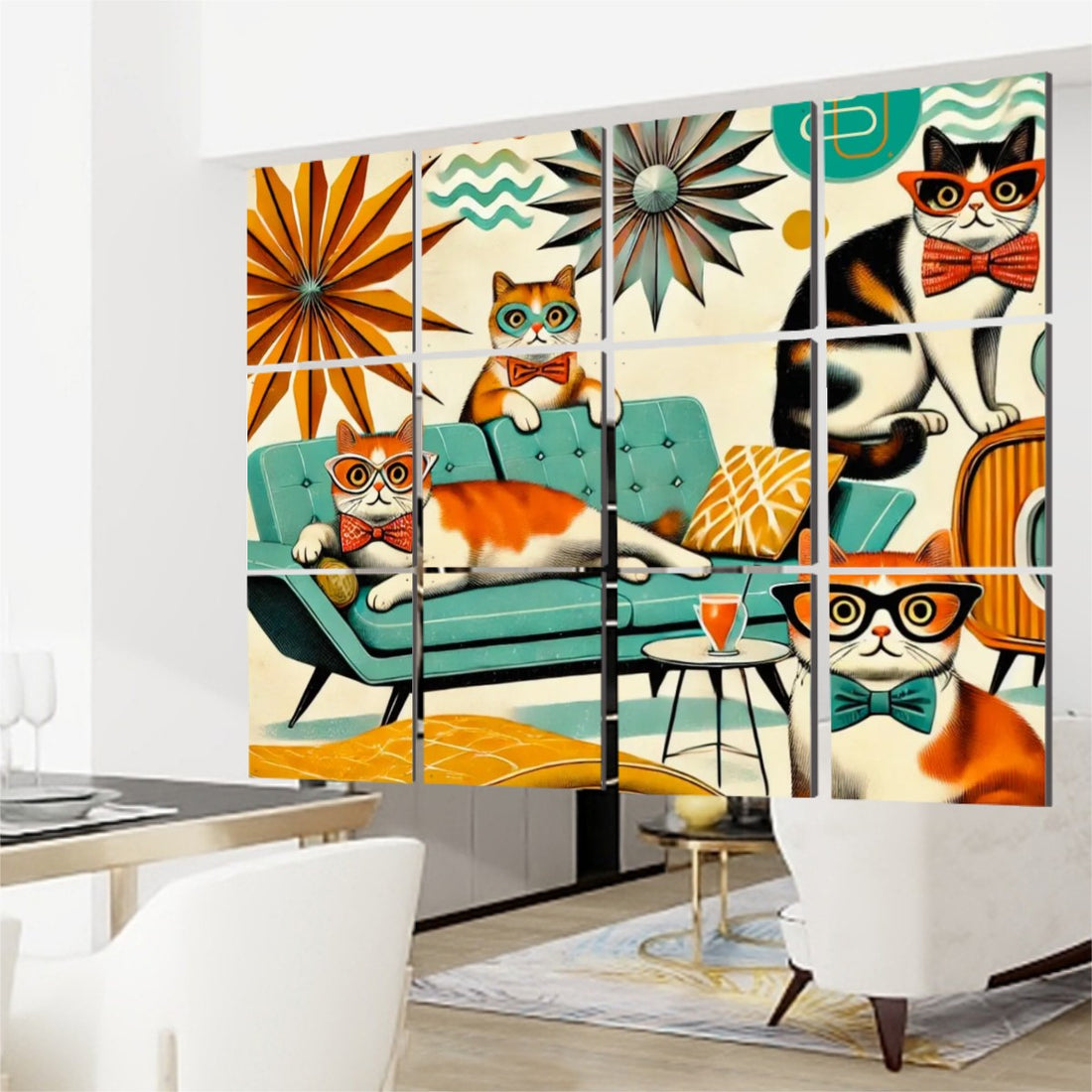 Mid Century Modern Kitschy Quirky Smart Cats, Retro Hanging Room Divider 12 pcs