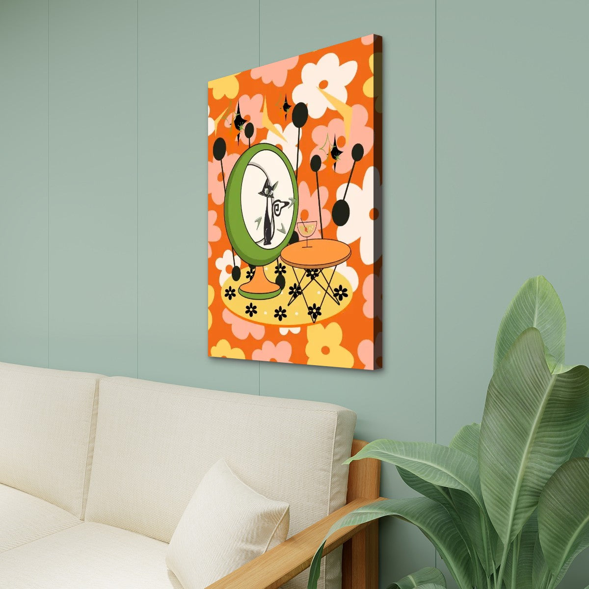 Retro Flower Power Wall Art, Atomic Cat In Egg Chair, Bold, Funky Fun Canvas Print Wall Art - Mid Century Modern Gal
