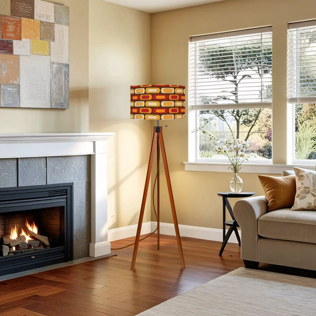 Retro Floor Tripod Lamp, Geometric Designed Orange, Yellow Brown Mid ModTripod Floor - Mid Century Modern Gal