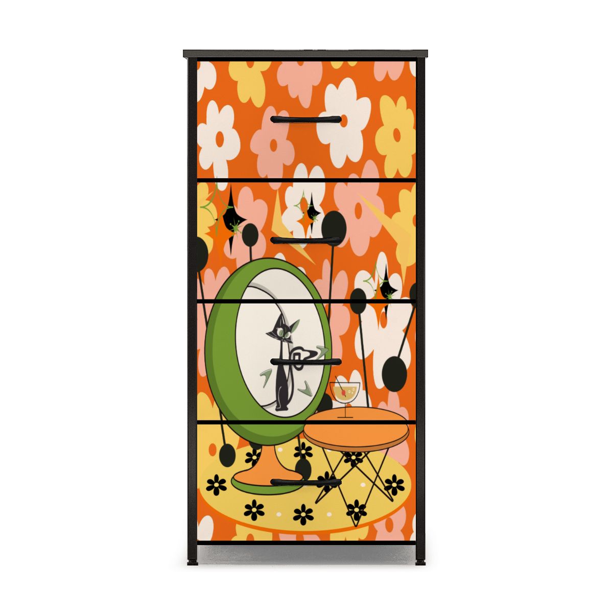 Retro Groovy Cat, Flower Power 70s Vibe, Kitschy Mid Mod 4-Drawer Dresser - Mid Century Modern Gal