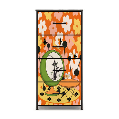 Retro Groovy Cat, Flower Power 70s Vibe, Kitschy Mid Mod 4-Drawer Dresser - Mid Century Modern Gal