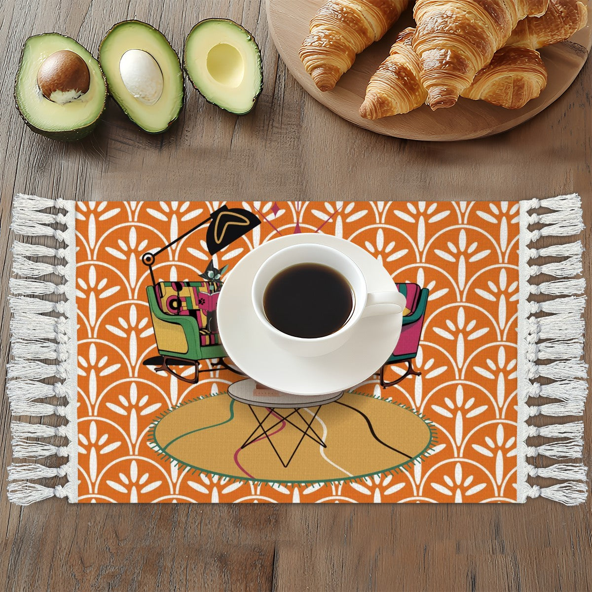 Atomic Cat, Book Lover, Book Club Gift, Coffee Table Mat Placemat with Tassels - Mid Century Modern Gal
