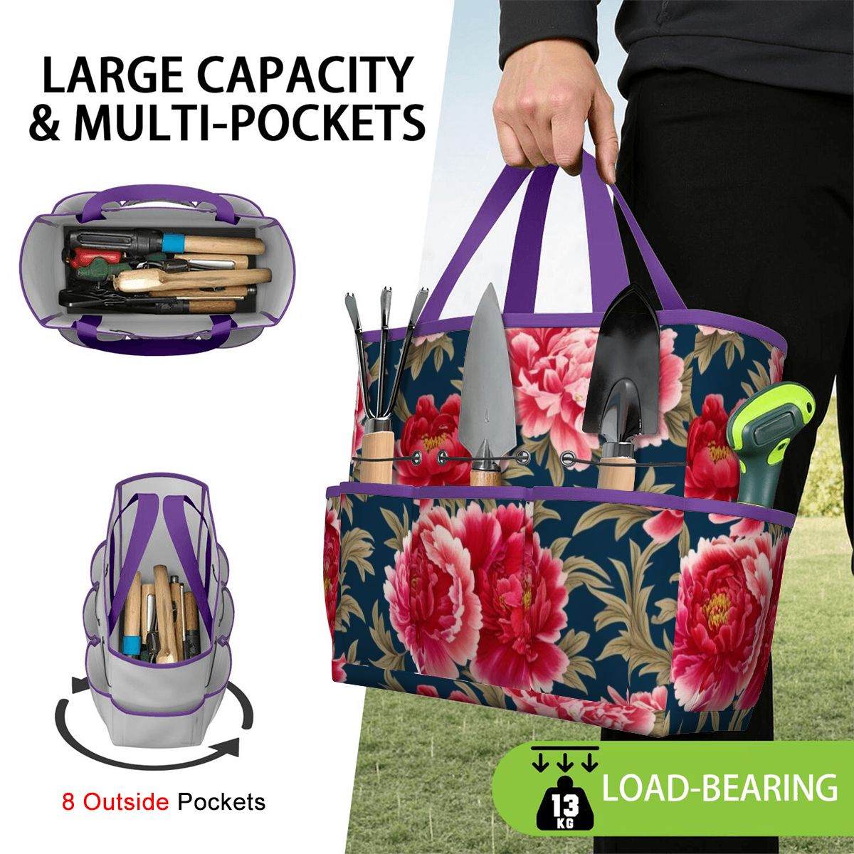 Modern Chinoiserie Royal Blue, Pink Red Floral Garden Tool Bag