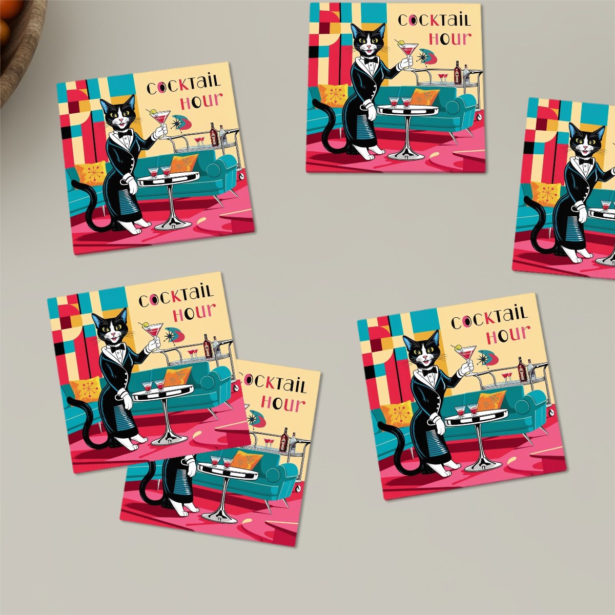 Mid Century Modern Barware Kitschy Cat Atomic Cocktail Hour Square Ceramic Coasters Set of 6 - Mid Century Modern Gal