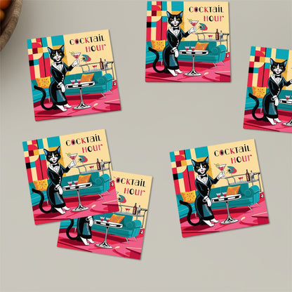 Mid Century Modern Barware Kitschy Cat Atomic Cocktail Hour Square Ceramic Coasters Set of 6 - Mid Century Modern Gal
