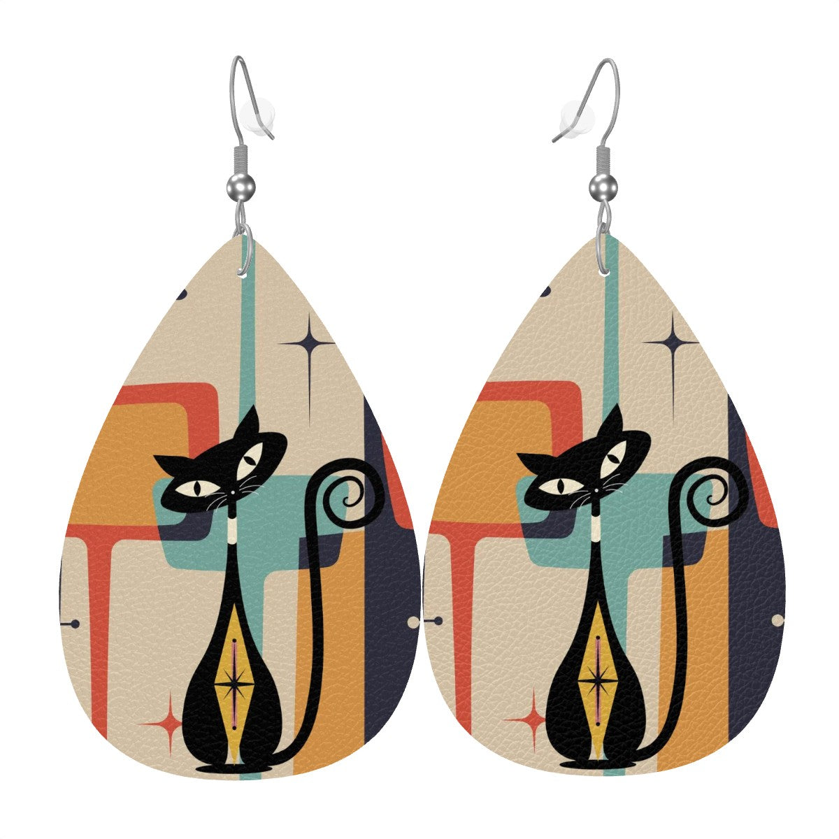 Retro Mod Atomic KIttie Kitschy Cute Vegan Leather Teardrop Earrings - Mid Century Modern Gal