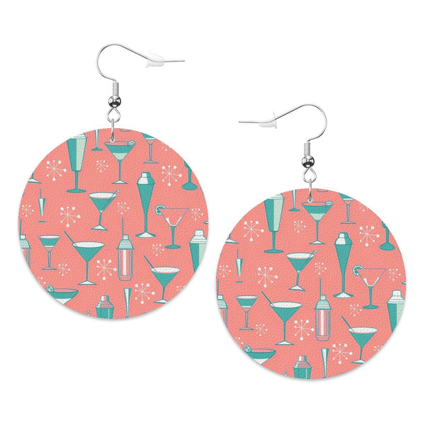 50s Martini Coral Pink Aqua Mid Mod Faux Leather Round Earrings