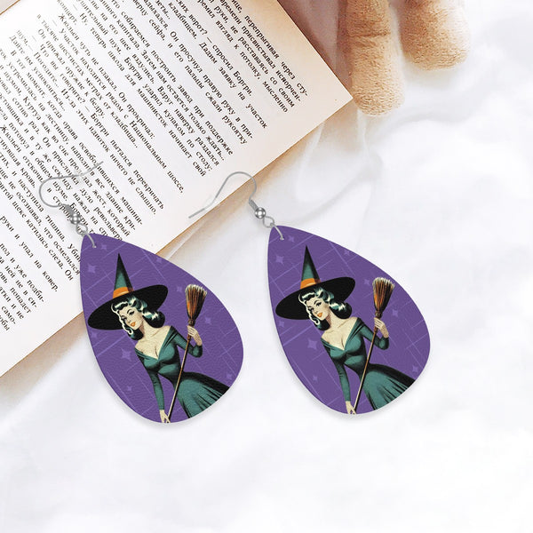 Mid Century Modern Vintage Pin Up Witch Purple Teal Halloween Vegan Leather Teardrop Earrings