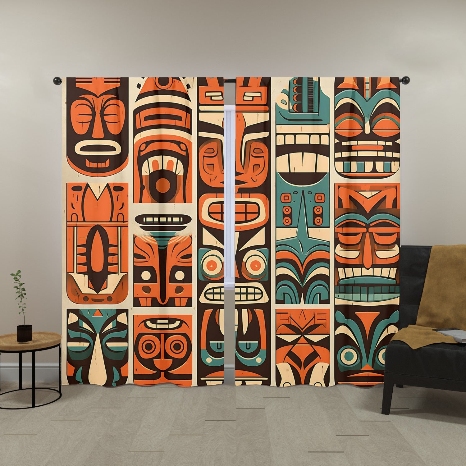 Tiki Idol Mid Mod Retro Orange, Teal Beige Window Curtains (two panels)