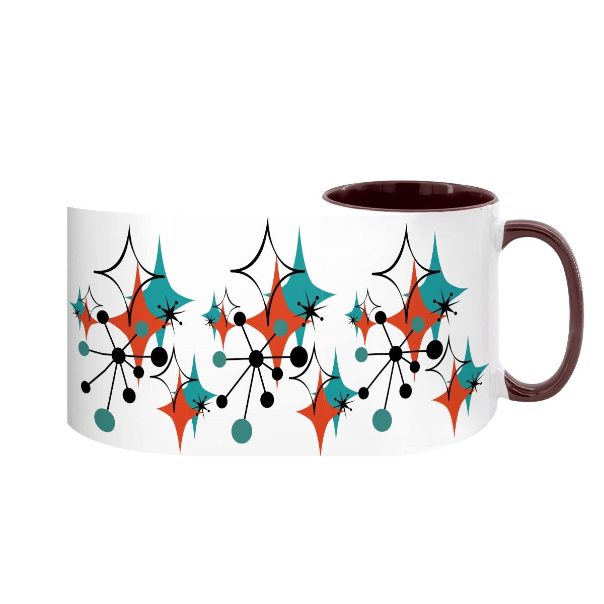 Large 15oz mug featuring a colorful Mid Century Modern atomic starburst design in teal, orange, and black.
