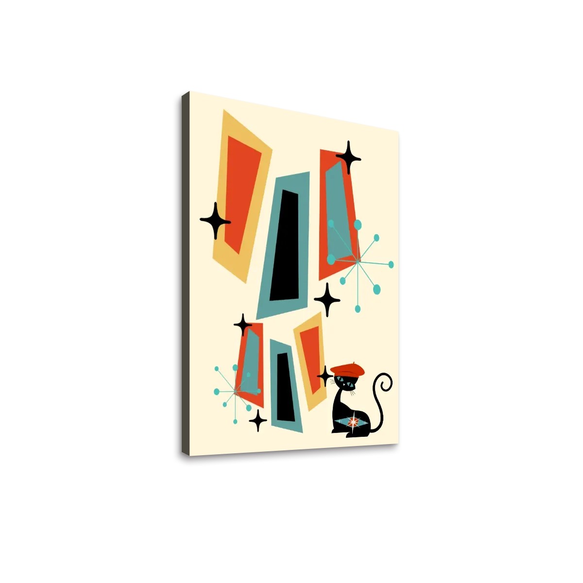Mid Century Modern Atomic Cat Wall Art, Geometric Mod Canvas - Mid Century Modern Gal