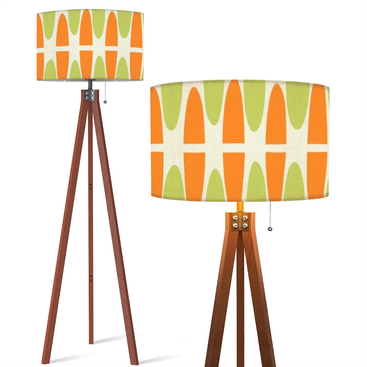 Groovy Green, Orange, Tiki Polynesian Inspired Mid Century Modern Tripod Floor Lamp