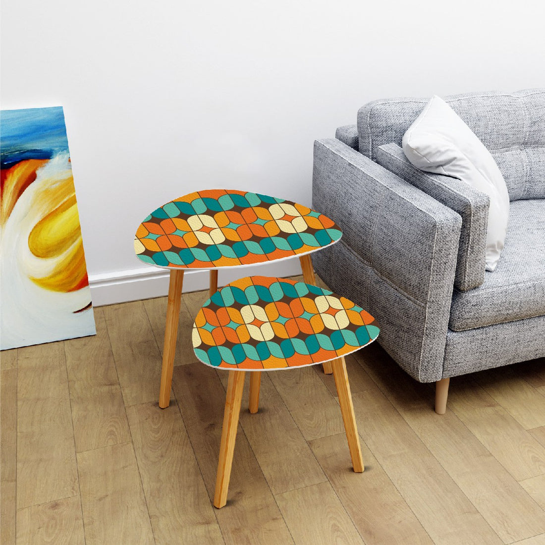 Mid Century Modern Orange Teal Geometric Retro Mid Mod Nesting Tables - Mid Century Modern Gal