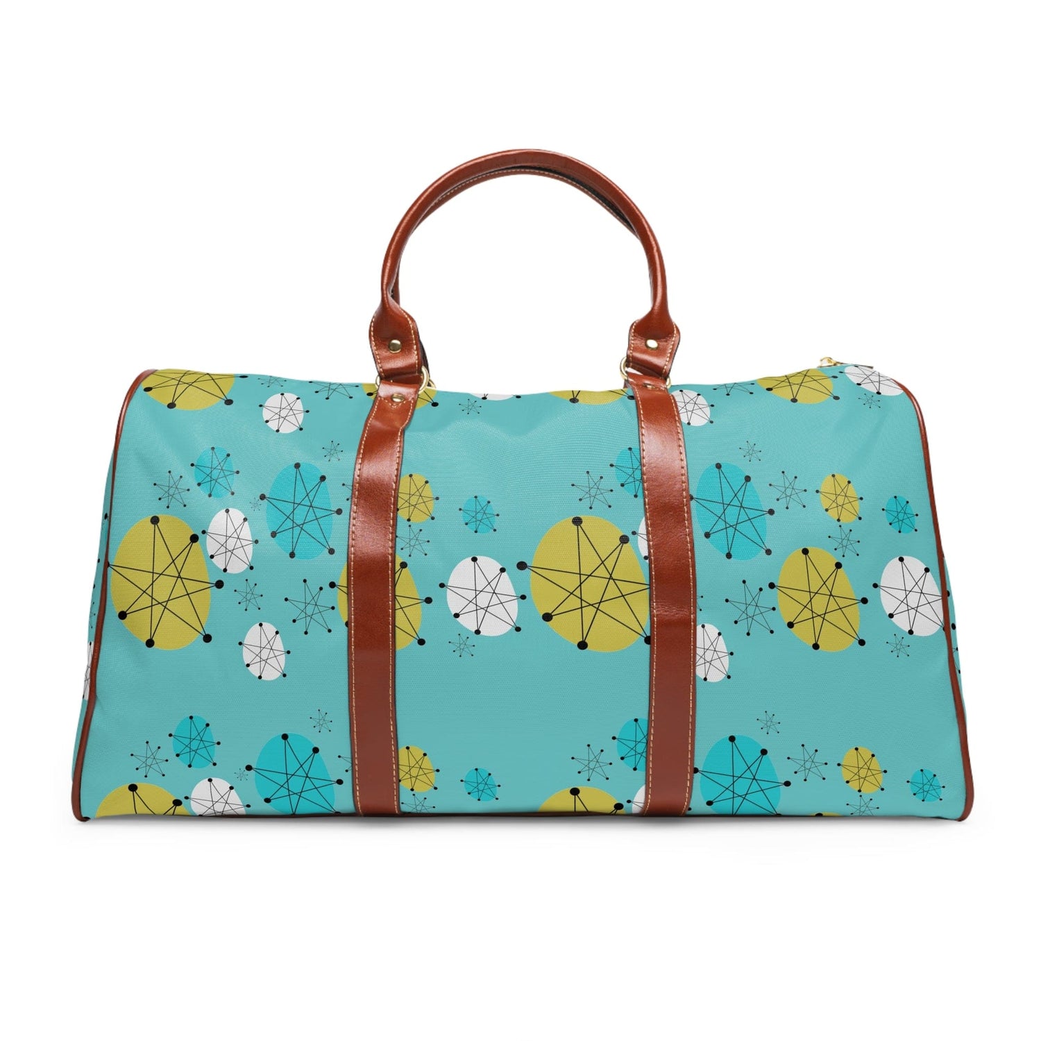 Atomic Cat Design, Fransican Starburst, Retro Mid Mod Aqua Blue Travel Bag Bags 20&quot; x 12&quot; / Brown