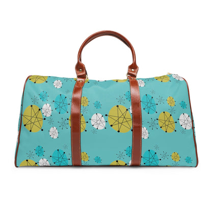 Atomic Cat Design, Fransican Starburst, Retro Mid Mod Aqua Blue Travel Bag Bags 20&quot; x 12&quot; / Brown