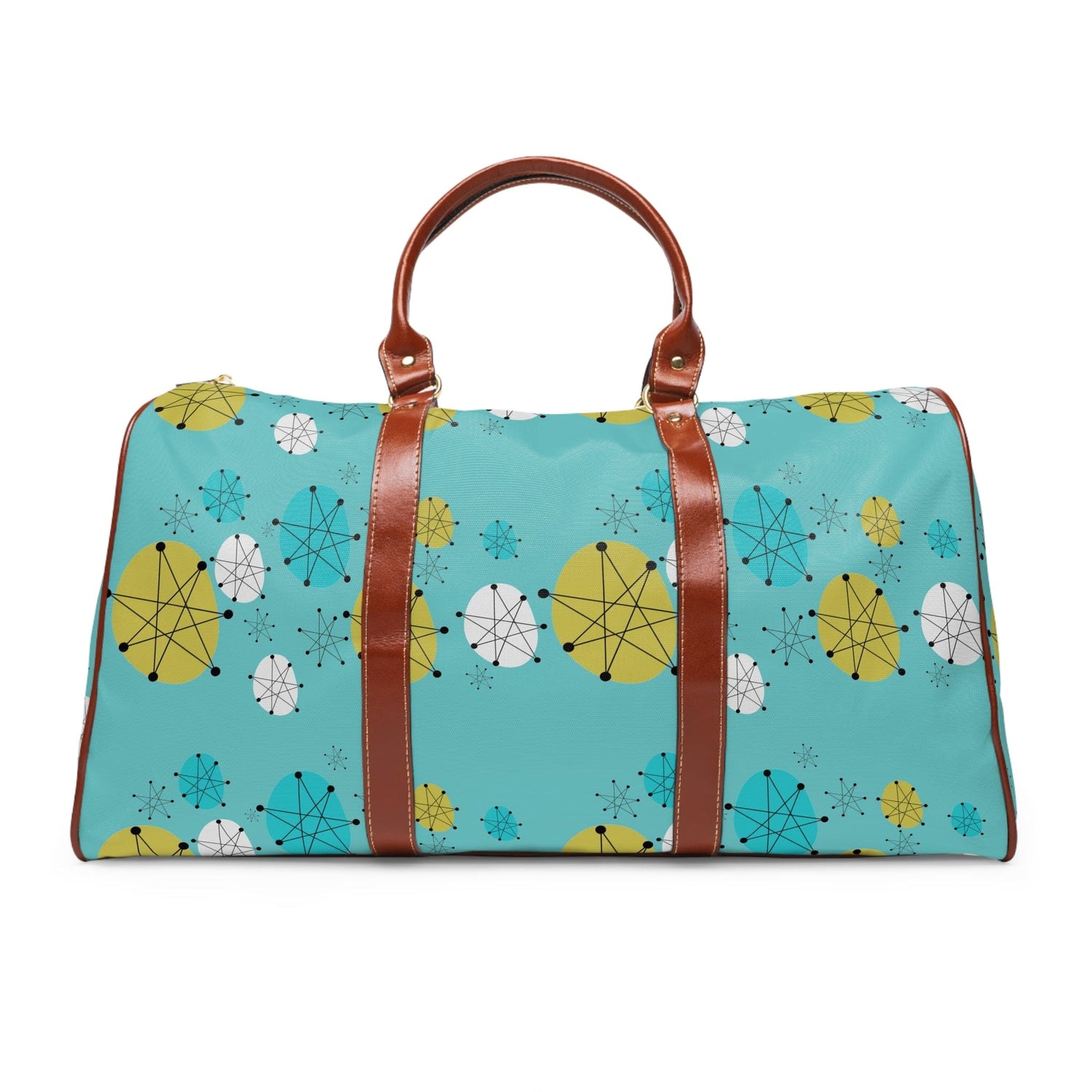 Atomic Cat Design, Fransican Starburst, Retro Mid Mod Aqua Blue Travel Bag Bags 20&quot; x 12&quot; / Brown