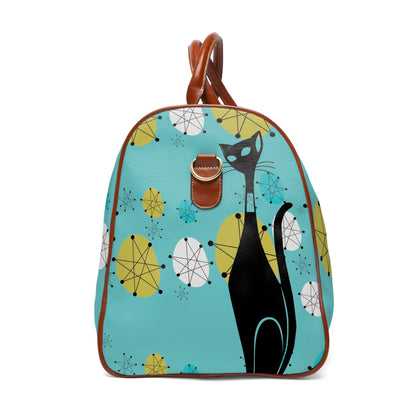 Atomic Cat Design, Fransican Starburst, Retro Mid Mod Aqua Blue Travel Bag Bags 20&quot; x 12&quot; / Brown