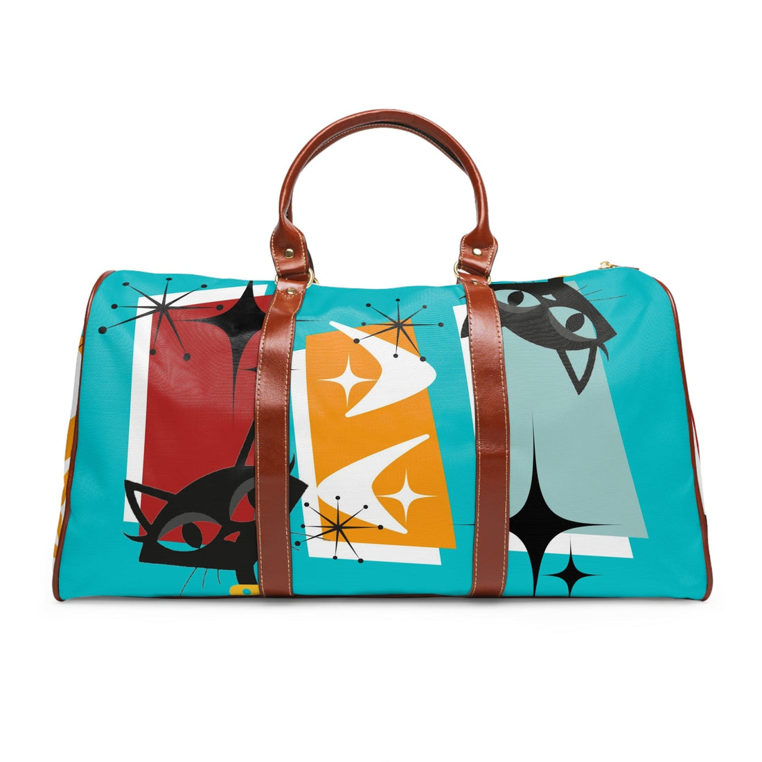 Atomic Cat, Mid Century Modern Travel Bag, Crazy Quirky Cats, Cat Mom, Aqua Blue Retro Travel Bag Bags 20&quot; x 12&quot; / Brown