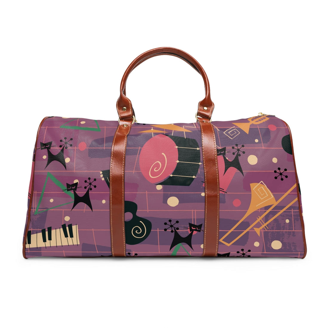 Atomic Jazzy Music Cats, Retro Mid Century Modern Purple Travel Bag Bags 20&quot; x 12&quot; / Brown