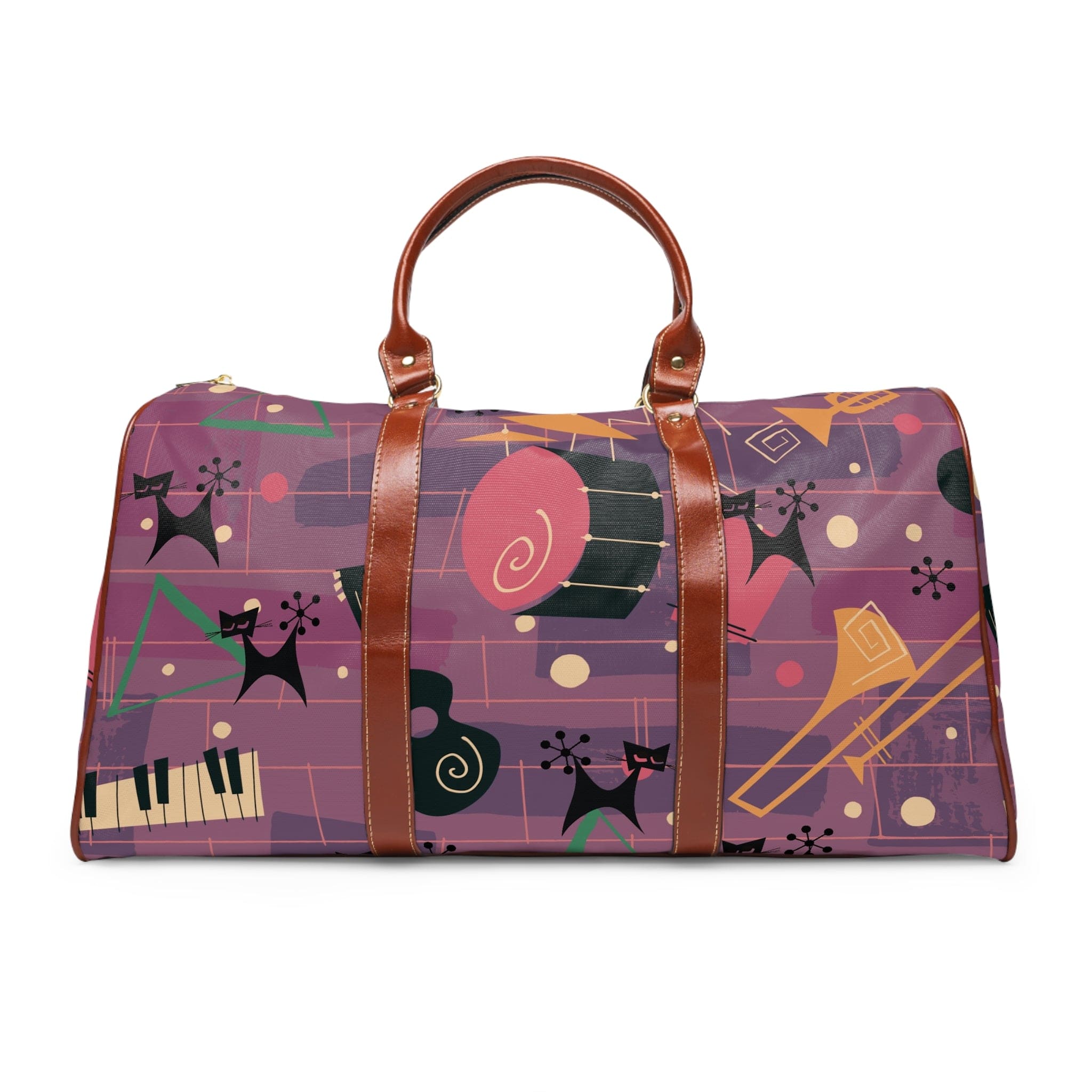 Atomic Jazzy Music Cats, Retro Mid Century Modern Purple Travel Bag Bags 20&quot; x 12&quot; / Brown