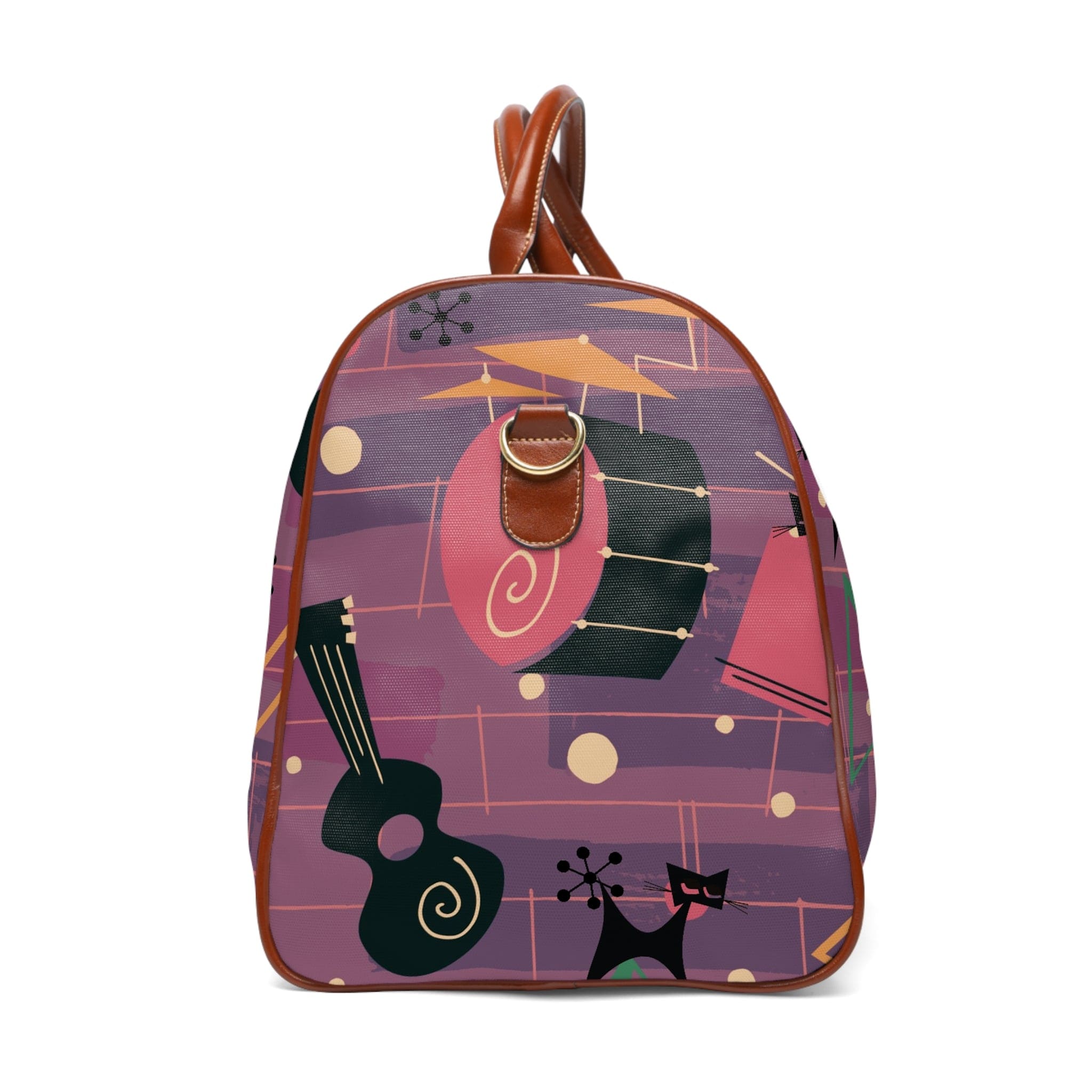 Atomic Jazzy Music Cats, Retro Mid Century Modern Purple Travel Bag Bags 20&quot; x 12&quot; / Brown