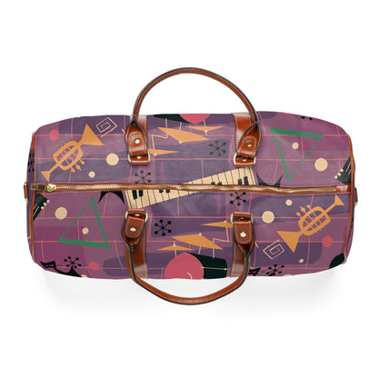 Atomic Jazzy Music Cats, Retro Mid Century Modern Purple Travel Bag Bags 20&quot; x 12&quot; / Brown